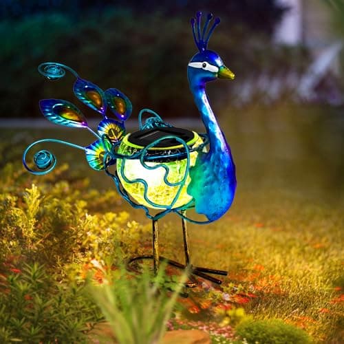 Image of HONGLAND Solar Peacock Statue Light, Solar Animal LED Lights Outdoor, Solar Power Figurine Waterproof Metal Peacock Yard Art for Pathway Patio Backyard Decoration Lawn Ornaments