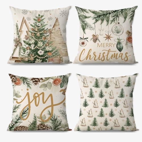 Image of AIBIIN Merry Christmas Pillow Covers Set of 4 Winter Xmas Tree Snowflakes Linen Pillowcase Holiday Living Room Sofa Chair Home Office Shop Decoration Gift 45x45cm