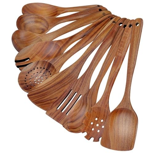 Image of comfoyar Teak Wooden Kitchen Utensil Set, 10 Pcs Kitchen Cooking Utensils Set with Spatula and Ladle, Wooden Spoons for Cooking, Heat Resistant Cookware Accessories for Nonstick Pan