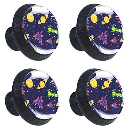 Image of Cartoon Space Rocket Planet Stars Drawer Knobs Set of 4 - Multi Color Cabinet Kitchen Glass Drawer Knob and Decorative Wardrobe Pull Handle Cupboard Home Decor Drawers