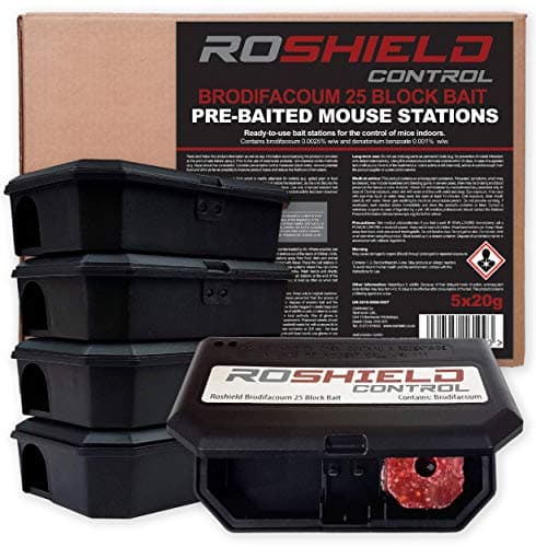 Image of ROSHIELD - 5 PRE-BAITED Mouse Poisoning Bait Box Kit | Single Feed Mice Killer | Mouse Traps for indoor/Outdoor Fast & Safe Infestation Control | READY -TO USE, Brodifacoum Mice killer, UK Made