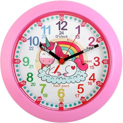Image of Kiddus Wall Clock for Boys and Girls. Silent Analogue Time Teacher with Exercises. Easy to Read and Learn the Time. Unicorn