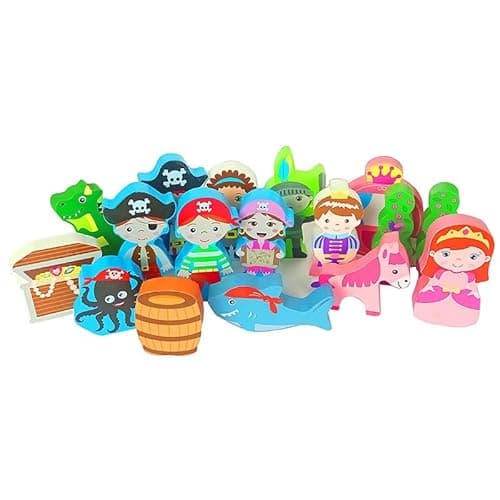 Image of 17-Piece Wooden Fantasy Character Figures Set - Small World Pirates, Dragons, Prince & Princesses Playsets - Inspire Imagination & Creative Playtime - Non-Toxic & Safe for Kids