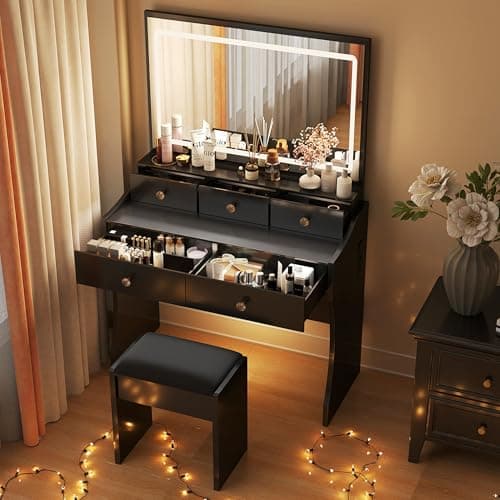 Image of COMHOMA Dressing Table with LED Lighting Mirror and Stool Makeup Vanity Desk with Power Outlet 5 Drawers Adjustable Brightness Bedroom Dresser, Black