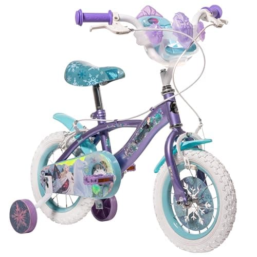 Image of Huffy Disney Frozen 12" Kids Bike with Front Doll Carrier, Removable Stabilisers, Bell, Front and Rear Mudguards, Enclosed Chain, Girls’ Bicycle Ideal for Ages 3-5 Shimmering Metallic Purple Finish