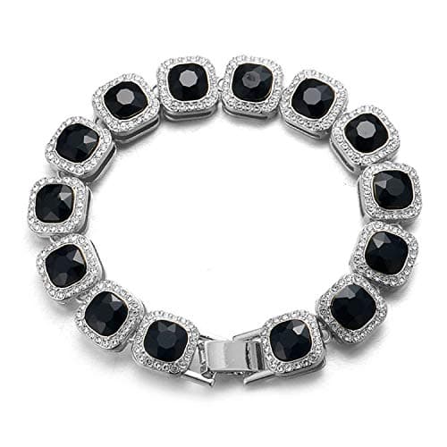 Image of HALUKAKAH Diamond White Gold Bracelet for Men,Platinum White Gold Finish Square Black Diamond Bracelet 21.5cm,Prong Set Lab Diamonds,with Free Giftbox