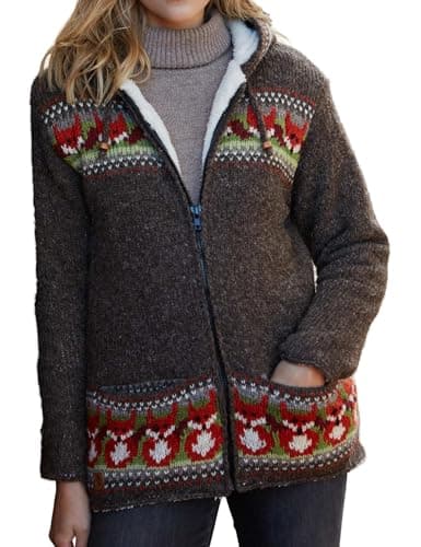 Image of Pachamama Women Wool Zipped Hoody Sherpa Fleece Lined Handknitted Fox Design Brown Handmade Extra Warm Hoodie Fair Trade (UK, Alpha, M, Regular, Regular, Brown)