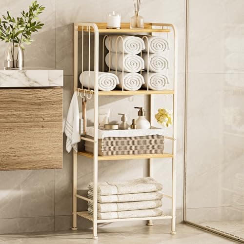 Image of TETOTE Towel Rack 4-Tier M-Shaped Detachable Dividers Towel Storage Organizer with Hooks Modern Towel Stand Shelf for Bathroom, Pool, Kitchen, Living Room, White