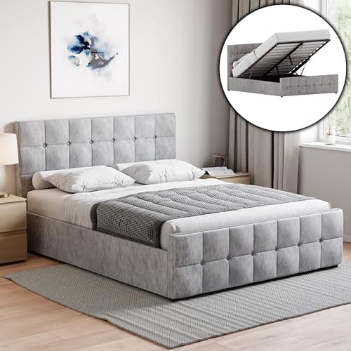 Image of Vida Designs Valentina King Ottoman Storage Bed – Crushed Velvet Silver – Lift-Up Storage Design – 106H x 160W x 217D cm – Gas Lift Mechanism – UKFR Certified