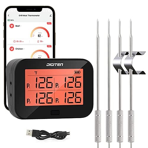 Image of Digital Bluetooth BBQ Grill Meat Thermometer with 4 Probes, Instant-Read Meat Thermometer for Grilling, Temp Alarm Function, Food Thermometer for Kitchen, Beef, Candy, Cheese Making, Turkey, Oven