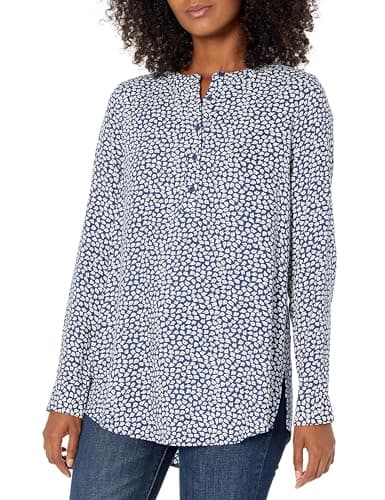Image of Amazon Essentials Women's Long-Sleeve Woven Blouse, Navy White Petals, L