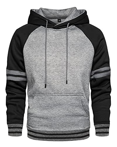 Image of LBL Men's Pullover Hoodies Colour Block Hooded Sweatshirts Drawstring Fleece Hoodie with Kangaroo Pocket Dark Grey M