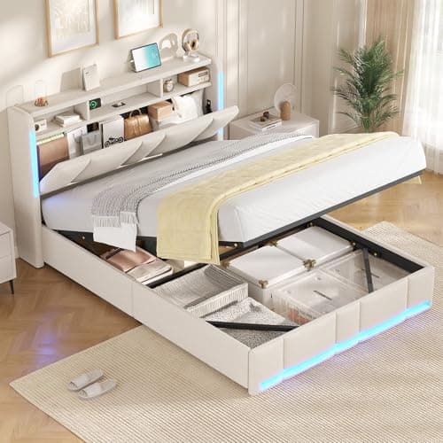 Image of AOGLLATI Double Ottoman Bed (4ft6) with Hydraulic Storage, Charging Station & Led Lights, Upholstered Platform Bed Frame with Storage Headboard, Sturdy Wood Slats, Beige Linen (Double-135x190cm)