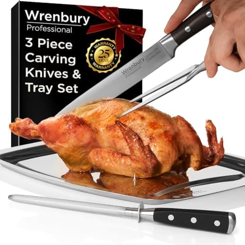 Image of Wrenbury Professional Carving Knife Set with Fork and Sharpening Steel with Carving Tray - 3 Piece Kitchen Knife Set with Serving Board
