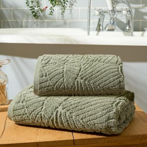 Image of Brentfords Bathroom Towels Green, Embossed Leaf Ultra Soft Feel Hand Towels 100% Cotton Highly Absorbent Hand Towels for Kitchen First Home Essentials Towel Pack, 2 Piece
