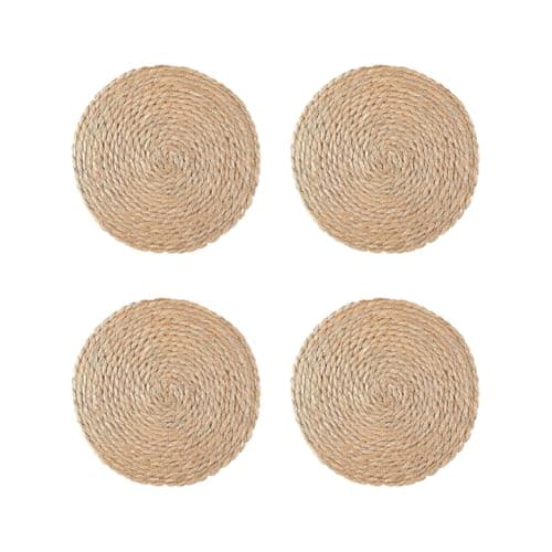 Image of 4 Pcs Round Woven Coasters Braided Drink Coasters Natural Rattan Coaster Mug Cup Pads Mats Non Slip Coffee Table Coaster Farmhouse Weave Mats for Dining Table 12cm