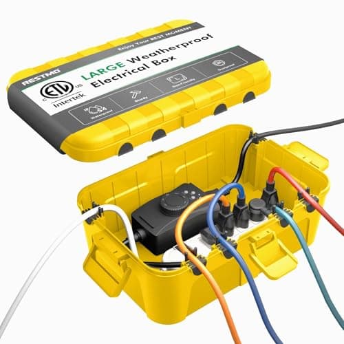 Image of RESTMO Extra Large Waterproof Electrical Box (12.6×8.7×5.1 in), IP54 Weatherproof Outdoor Extension Lead Cover, Protect Outlet, Plug, Socket, Timer, Power Strip, Holiday Light Decoration, Yellow
