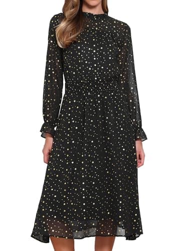 Image of Allegra K Chiffon Midi Dresses for Women 2025 Sheer Long Sleeve Smocked A-Line Lining Metallic Stars Party Dress Black L
