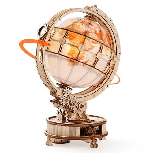 Image of ROKR 3D Wooden Puzzle ST003D Auto Rotating Globe Model Kit for Adults with LED Light Automatic Spinning Display Desk Decoration Gift for Women Men