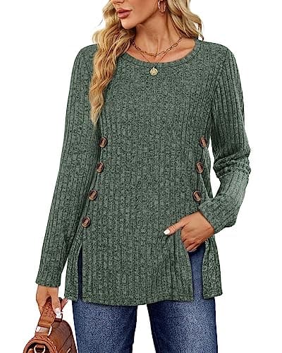 Image of Sampeel Ladies Long Sleeve Tops Women Jumpers Symmetrical Button Down Collar Split Womens Jumper Ladies Lightweight Jumpers Size 18-20 Light Green, XL