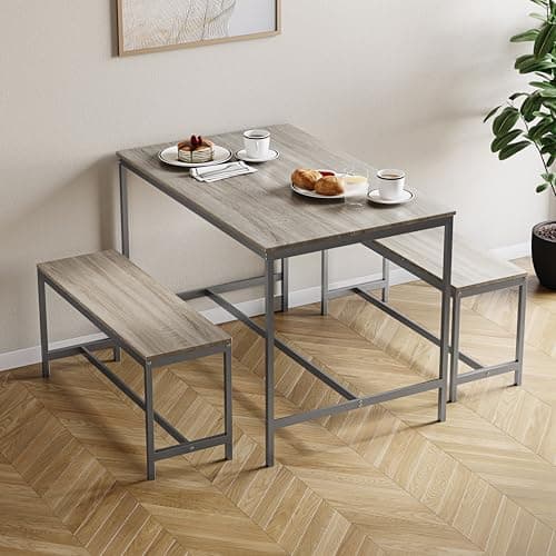 Image of Vida Designs Roslyn 4 Seater Dining Set | Oak | 3 Piece Dining Room Complete Set | 75H x 110W x 70D cm | with 2 Benches | Rustic | Solid Metal Frame | Industrial Design