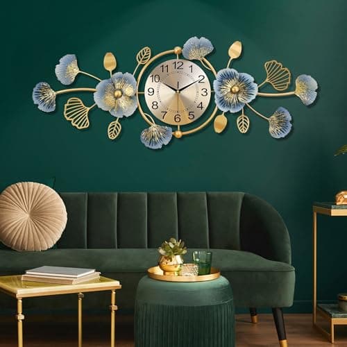 Image of Lafocuse 37x14 Inch Metal Unique Luxury Ginkgo Leaf Wall Clock Battery Operated, Silent Mordern Art Deco Large Blue and Gold Wall Clocks, Wall Decor for Living Room Kitchen Office