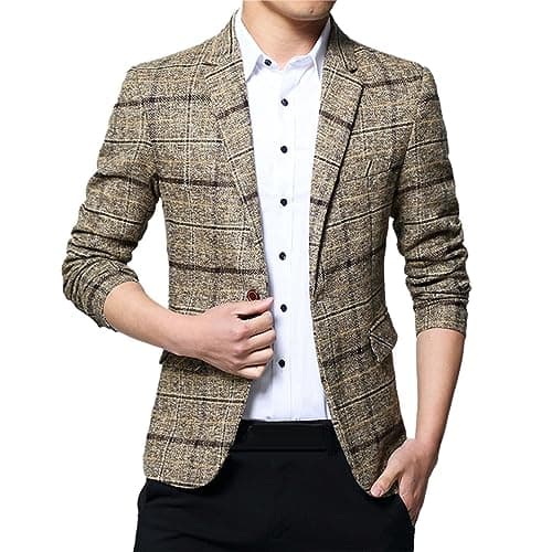 Image of Mens Tweed Blazers Smart Casual, Plaid Jackets For Men Check Suit Jacket Plaid Suits Slim Fit Blazer One Button Suits Business Suit Jackets Mens Black Blazer Slim Fit Casual Blazers For Men Cotton