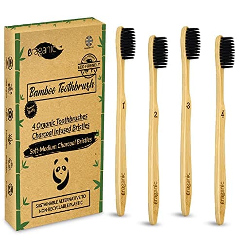 Image of Eraganic Charcoal Bamboo Toothbrushes | Pack of 4 | Eco Friendly Products | Organic Biodegradable Wooden Toothbrush with Charcoal Infused Wavy Bristles | Plastic & BPA Free - Vegan