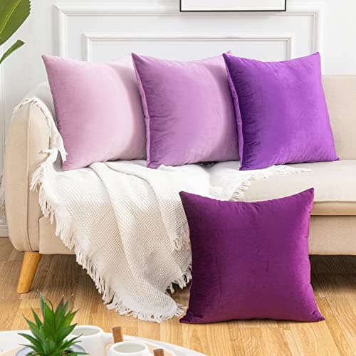 Image of Yonous Gradient Colors Combo Set Cushion Covers, Premium Velvet Soft Square Decorative Throw Pillow for Sofa Bedroom Car, Set of 4, (18''x18'', Purple-Light Purple)