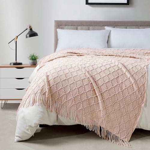Image of BOURINA Throw Blanket Textured Solid Soft Throws and Blankets for Sofa or Bed Knitted Decorative Blanket 127x178cm Pink