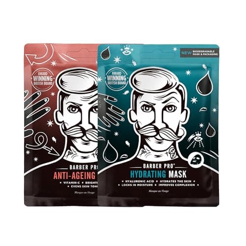 Image of BARBER PRO HYDRATION DUO 2-in-1 Natural Bamboo Face Mask Multipack Hyaluronic Acid Anti-Ageing Vitamin-C Brightens Tones Nourishes Vegan Skincare Multi Award Winning Brand