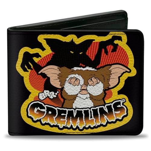 Image of Buckle-Down Warner Bros. Horror Movies Wallet, Bifold, Gremlins Stripe and Gizmo Pose Black Yellow, Vegan Leather