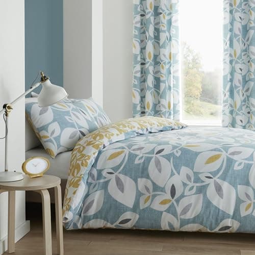 Image of Catherine Lansfield Inga Leaf Reversible Single Duvet Cover Set with Pillowcase Teal Green