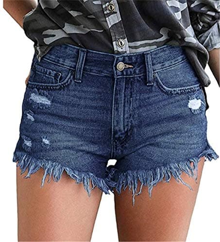 Image of KISSMODA Girls Jean Shorts High Waisted Hemline Ripped Denim Summer Hot Pants Dark Blue X-Large