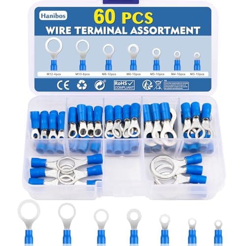Image of Hanibos 60 Pcs Ring Terminals Blue 1.5-2.5mm² Insulated Ring Crimps Wire Connectors 16-14AWG Electrical Connectors M3 M4 M5 M6 M8 M10 M12 Ring Terminals Crimps Connectors