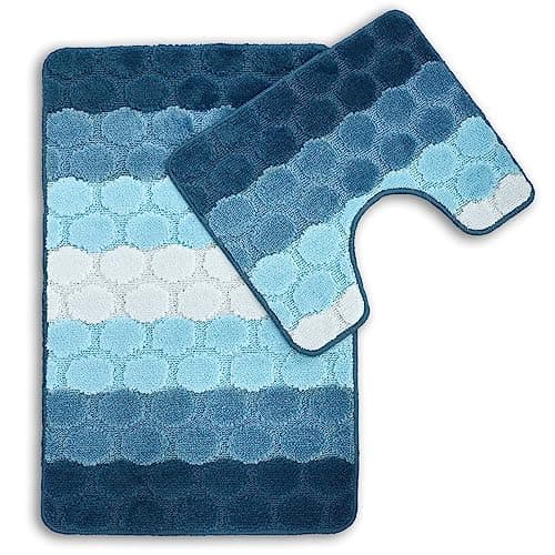 Image of Sue Rossi 2pc Bath Mat Set Non Slip, Bath & Pedestal Mats, Hex Stripe Design For Bathroom Toilet, 2 Piece, Soft, Absorbent And Slip Resistant (Blue)