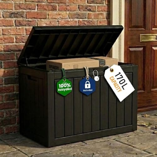 Image of Olsen & Smith 170L Lockable Outdoor Garden Plastic Storage Box Container Chest - Small Lawn Balcony Furniture, Weather Resistant, Wood Panel Effect (Black)
