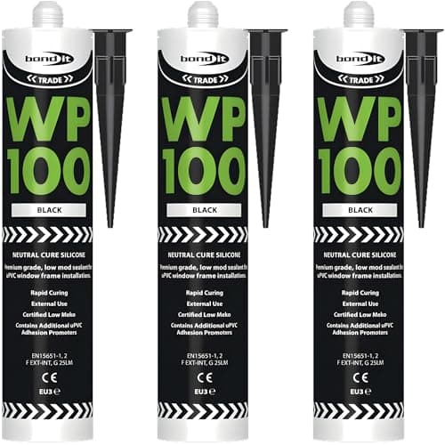 Image of Bond It WP100 Black Silicone Sealant Neutral Cure Oxime 3 Pack (285ml Each) – External Window & Door Sealant, Waterproof Exterior Silicone Sealant for uPVC Frames, Building & Construction Joint