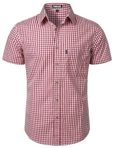 Image of PARKLEES Men's Casual Plaid Button Down Shirt Cotton Short Sleeve Gingham Dress Shirts Regular Fit with Pocket Red Gingham Large