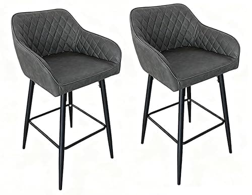 Image of Requena Pair of Bar Stools with Leatherette Upholstered Seat, Armrest & Backrest, Black Metal Legs, for Kitchen and Breakfast Bar (BAR01, Leather-Grey-1)