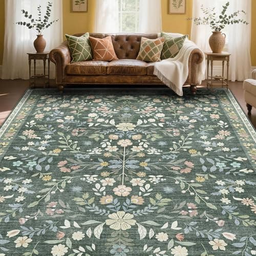 Image of XSIVOD Floral Rugs for Living Room, Boho Washable Area Rugs for Bedroom, Non Slip Vintage Rugs for Dining Room Home Office, Soft Low Pile Rug Floor Carpet for Home Decor, 150x210 cm, Green/Harmony