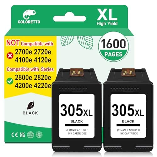 Image of COLORETTO 305 Ink Cartridge for HP 305 XL Black Compatible with Deskjet 2810e 2820e Envy 6020e 6022e 6032e Deskjet 4220e 4222e 4200e 2800e Printer Ink for 305XL Replacement twin pack