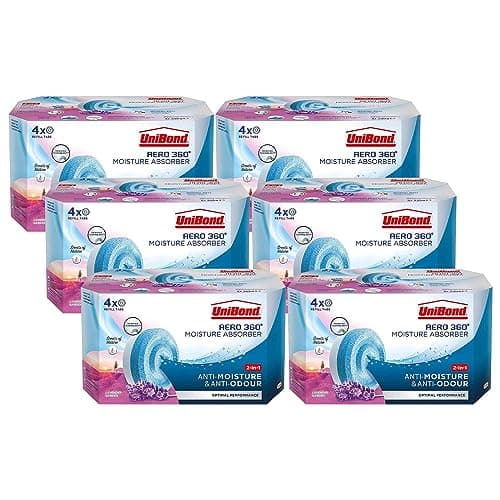 Image of Unibond AERO 360° Moisture Absorber Lavender Garden Refill Tab, aromatherapy, ultra-absorbent and odour-neutralising, for AERO 360° D(4 x 450g), White and blue Bulk Buy 6 Pack