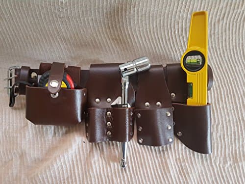 Image of Scaffolding Leather BBI Tool Work Belt with Tool Set Spanner Ratchet Level TapePouch/Pockets/Frog (Belt 716 Spanner Level Tape)