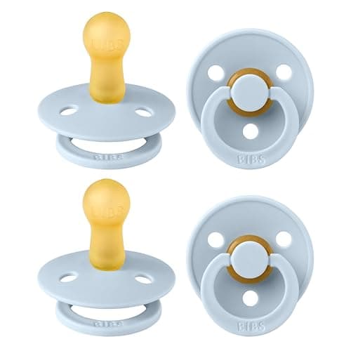 Image of BIBS Dummies Colour 4-Pack, BPA Free Dummy Pacifier, Round Nipple Soothers, Natural Rubber Latex, Made in Denmark, Size 2 (6-18 Months), Baby Blue