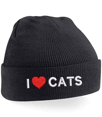 Image of I Love Cats Beanie Hat | Embroidered Kitten Knit Cap for Adults | Unisex Winter Accessory Black