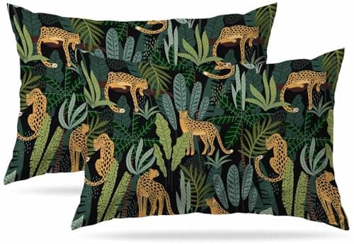 Image of Zovinex Decorative Soft Short Plush Cushion Covers Set of 2 Pack 30 x 50 cm (12" x 20") Rectangular Leopards and tropical leaves Throw Pillow Covers for Garden Patio Living Room Couch Sofa
