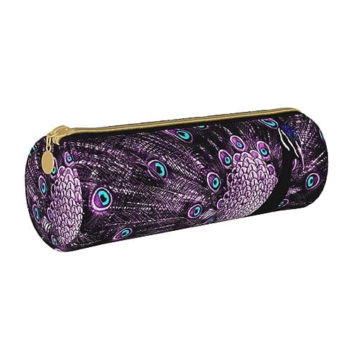 Image of Purple Peacock Round Leather Pencil Case for Girls Boys, Pen Pouch & Makeup Bag for Student School Office College