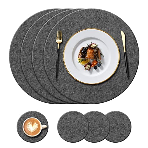 Image of KERYCHIN 4 Round Leather Place mats + 4 Coasters Set, Heat Resistant 212 °F PU Placemats, Non Slip and Washable, Decoration Accessories for Home, Hotel, Indoor, Outdoor, Dining Table, (Black)