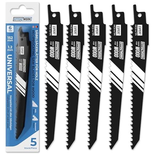 Image of Effektwerk Reciprocating Saw Blades for Wood (5 Pieces) for Wood & Plastic Cutting, High Carbon Steel (HCS) Sabre Sawblades w/ 6 TPI (Teeth per Inch)